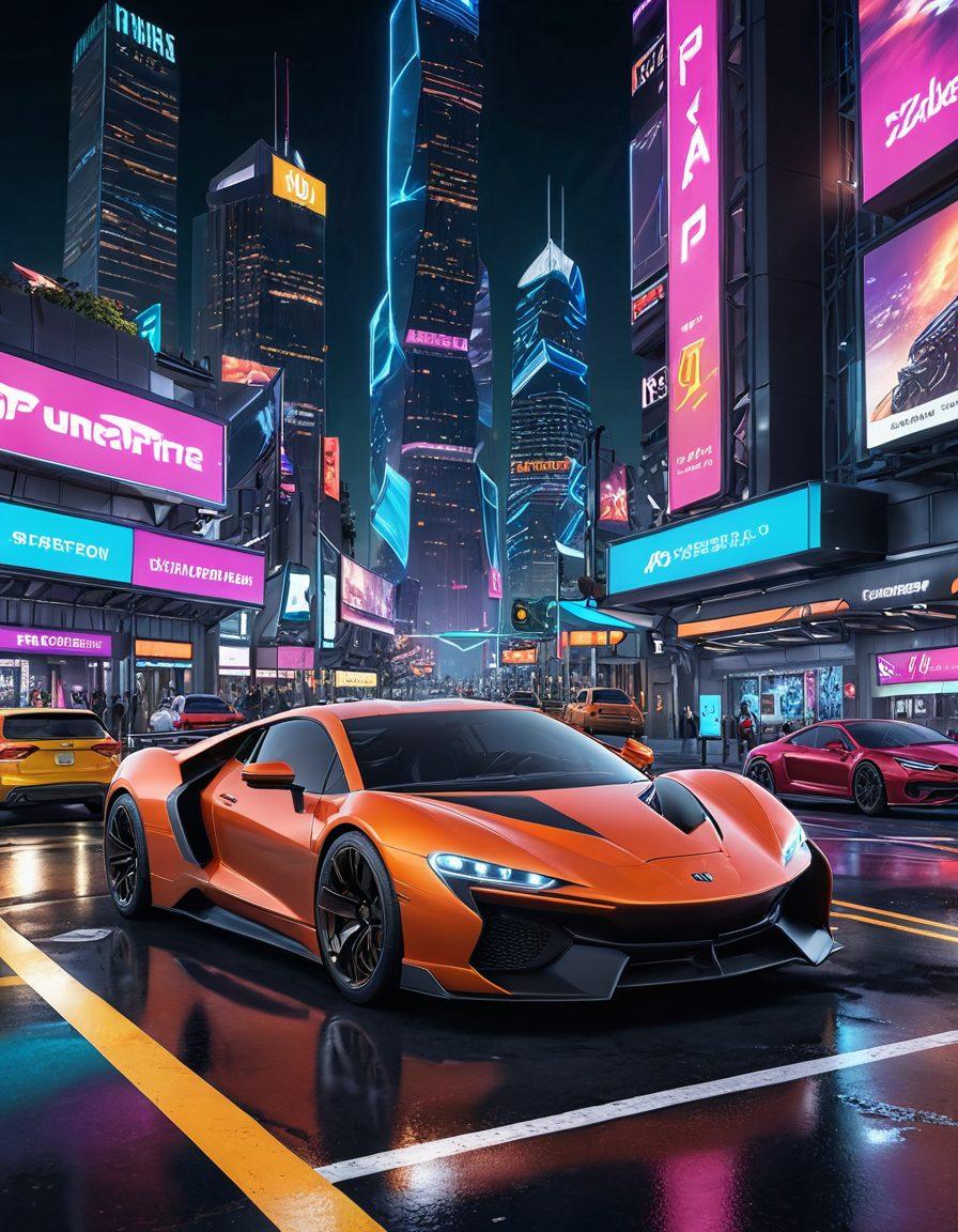 A vibrant digital landscape showcasing a futuristic vehicle parking simulator environment, featuring sleek cars parked in various creative configurations. Show players interacting with a holographic interface that displays strategic parking tips, surrounded by vibrant neon lights and cityscape elements. Include a dynamic atmosphere with elements of excitement and challenge. super-realistic. vibrant colors. 3D.