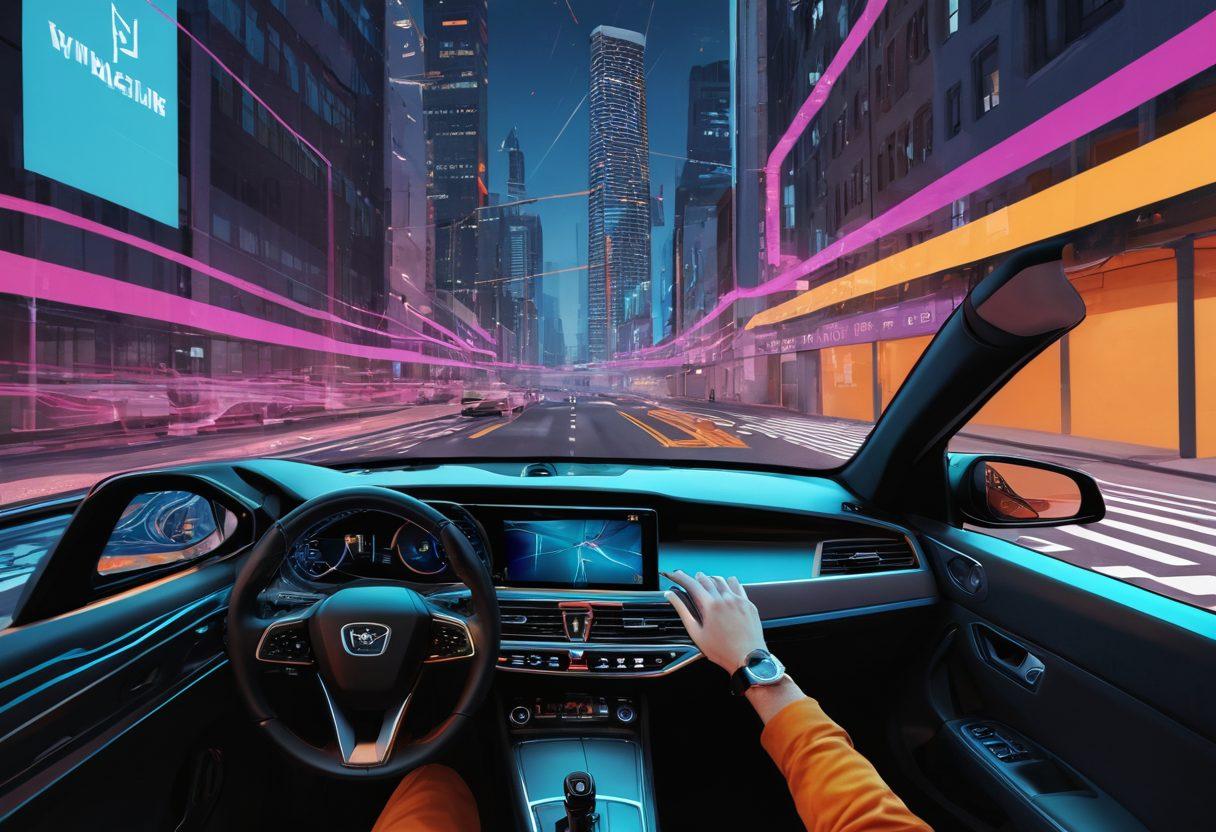 A dynamic split-screen illustration showcasing a rookie driver struggling with virtual parking on one side, contrasted with the same driver confidently maneuvering a complex virtual parking simulation on the other. Include animated digital elements like ghosted parking lines and feedback indicators, with a vibrant cityscape in the background. Emphasize the transformation from uncertainty to mastery with engaging visual cues. sleek digital art. vibrant colors. 3D.