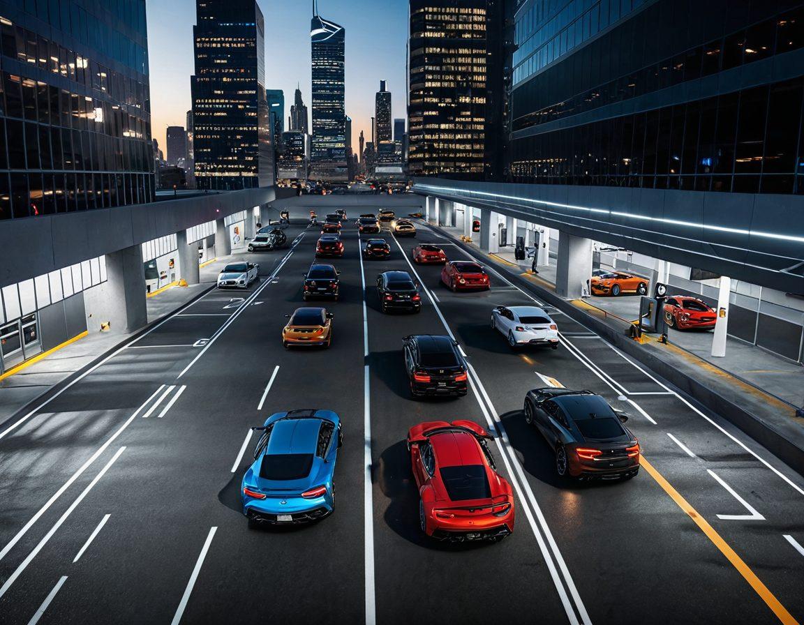 A futuristic, vibrant 3D parking simulation scene featuring diverse vehicles like sports cars, trucks, and buses maneuvering in a complex urban environment. Include digital indicators and holographic guides to indicate parking spots, showcasing varying levels of difficulty. Dynamic lighting effects to create a sense of depth and realism in the simulation. The skyline should be dotted with high-tech buildings to emphasize the modern setting. hyper-realistic. vibrant colors. 3D.